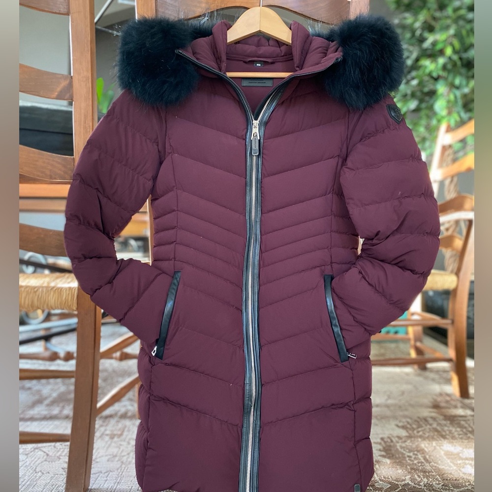 RUDSAK Women’s Winter Coat Med Never Warn-Burgundy with Blk Fur & leather Trim